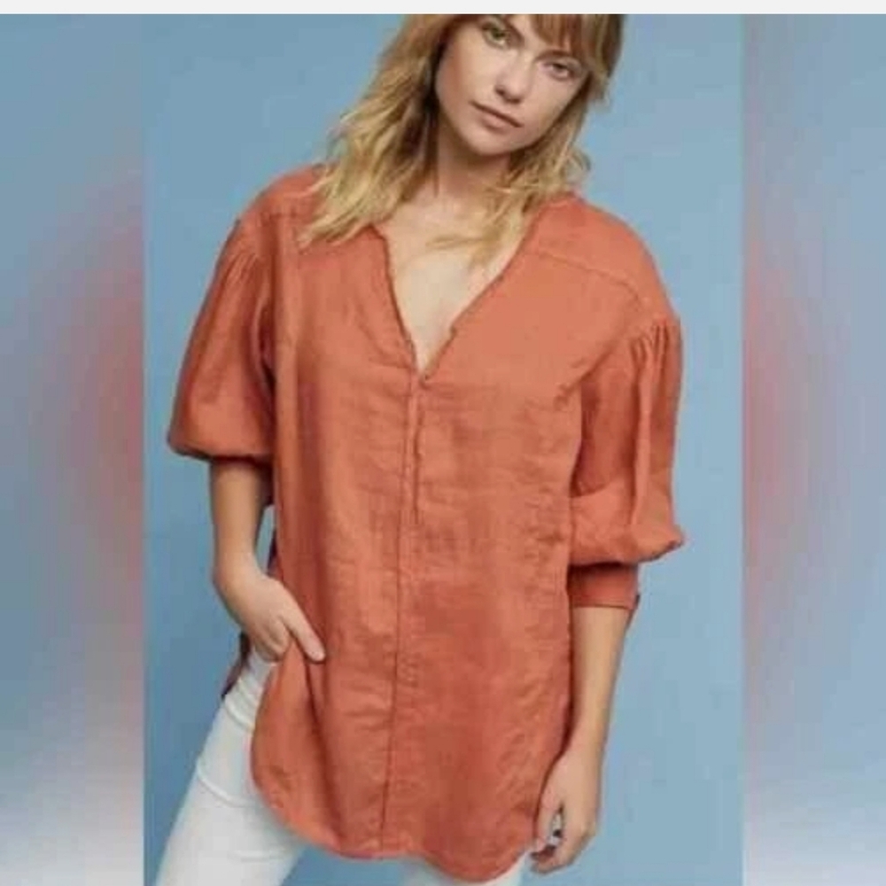 Anthropologie Holding Horses Terra Cotta Tie  Sleeve V- Neck Tunic Size Large